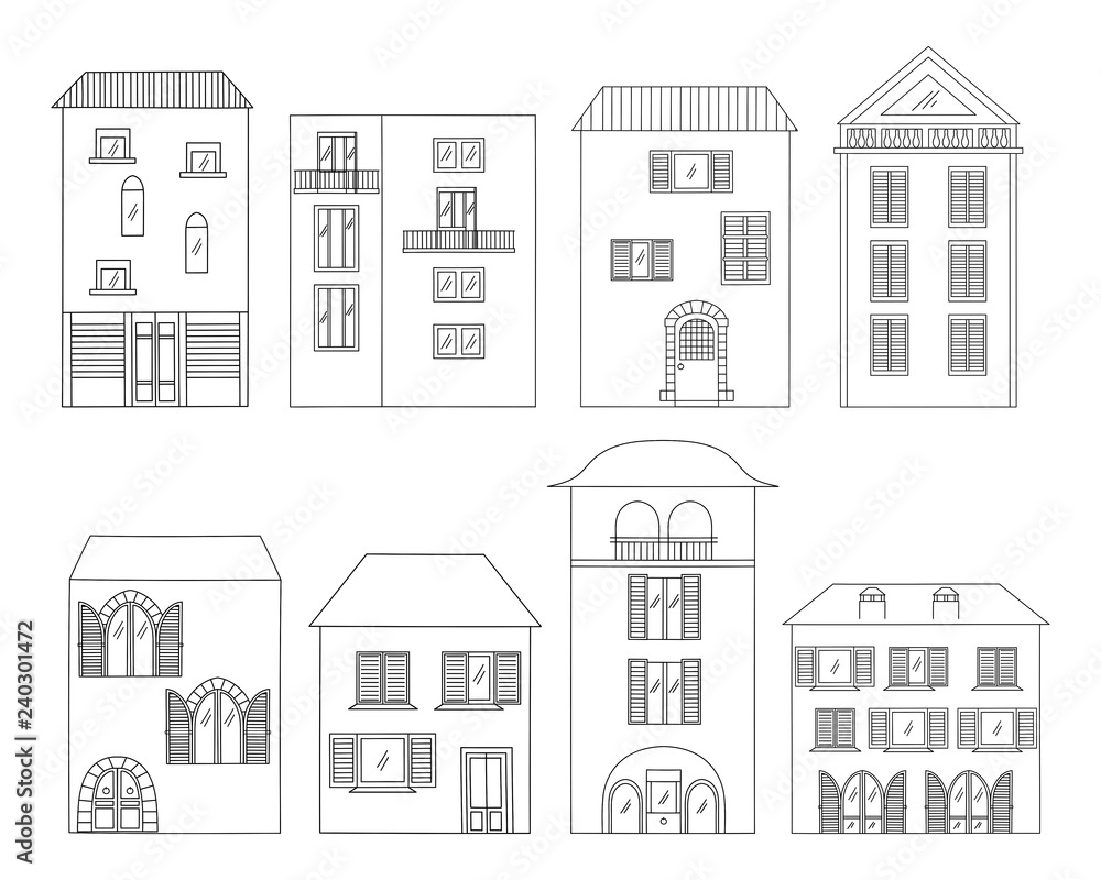 Hand-drawn houses collection. Various houses with Windows, shutters, balconies and doors in Italian style on white background. Black and white vector illustration.  