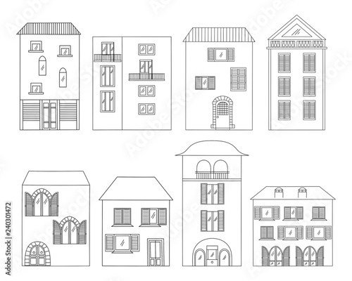 Hand-drawn houses collection. Various houses with Windows, shutters, balconies and doors in Italian style on white background. Black and white vector illustration.   © julikul8931
