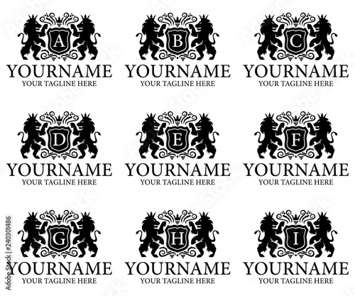 Heraldry letter A, B, C, D, E, F, G, H, I and crest, lion with crown and shield, logo design. Animal, nature, plant and leaves, vector design and illustration