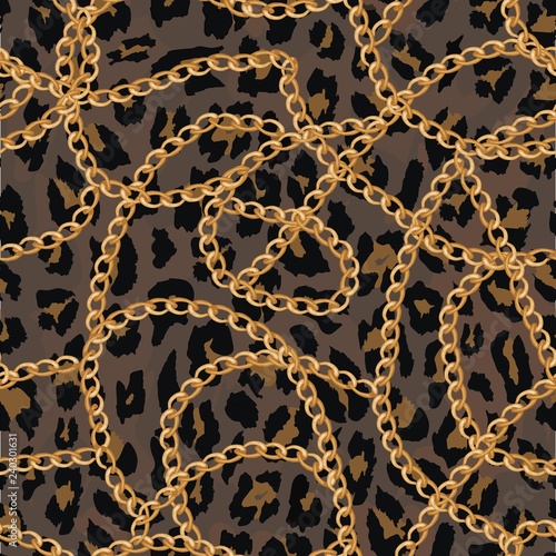 seamless pattern with gold chain on lepard skin , belt and pearls.vector illustration.