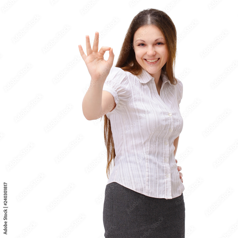 successful modern girl showing okay gesture.isolated on white. successful modern girl showing okay gesture.isolated on white.