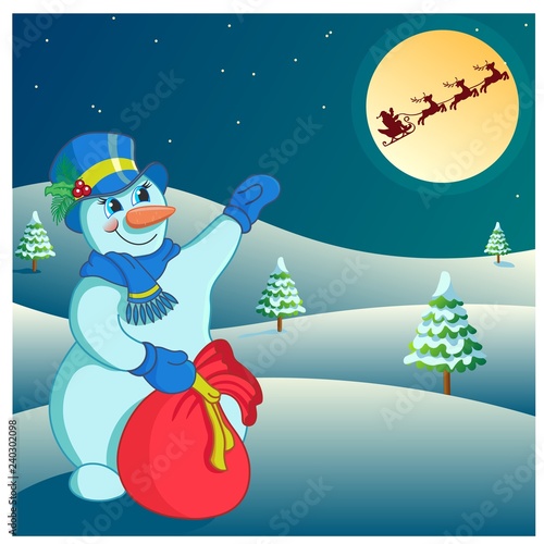 Сute snowman with a bag of gifts. New Year card.