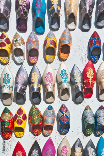 Typical Arabic slippers with the name of the city of Chefchaouen written on them
