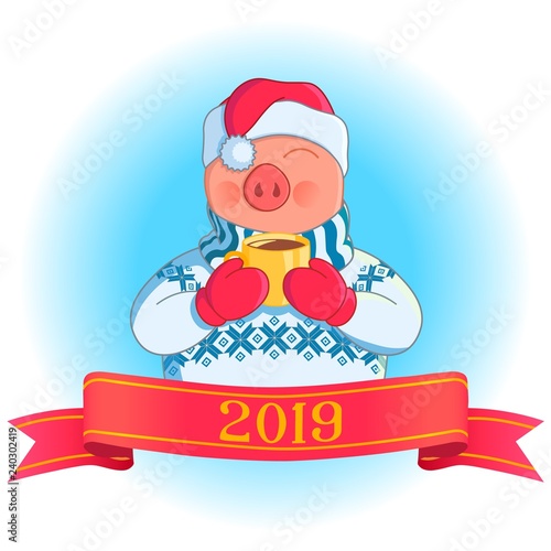 Сute pig with a cup of cocoa in his hands. New Year card.