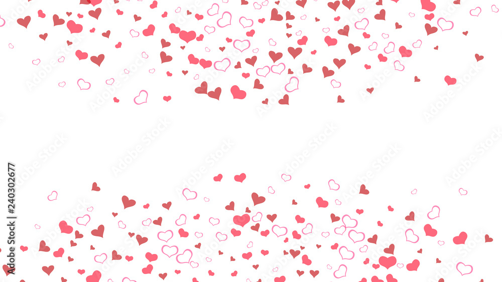 Festive background. Red hearts of confetti are falling. Red on White fond Vector. Design element for wallpaper, textiles, packaging, printing, holiday invitation for wedding.