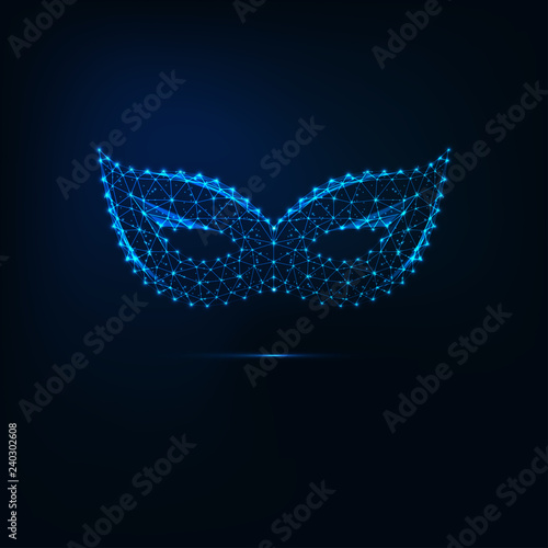 Glowing low poly carnival masquerade mask made of lines, stars, triangles on dark blue background.