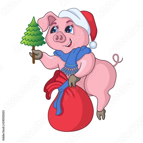 Сute pig with a bag of gifts and a Christmas tree in their hands