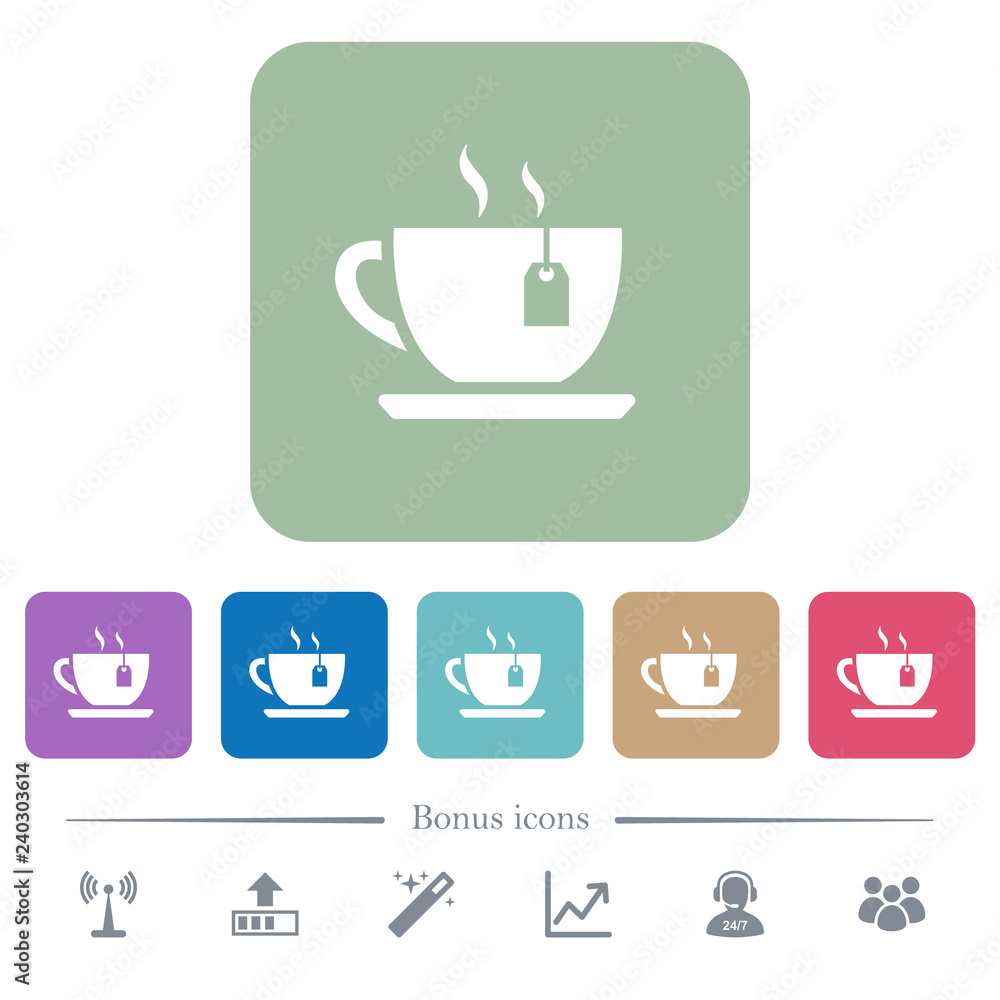 Cup of tea with teabag flat icons on color rounded square backgrounds Cup of tea with teabag flat icons on color rounded square backgrounds