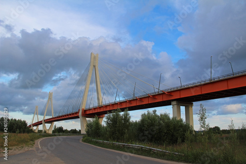 Summer landscape with a view of the cable-stayed bridge on the river Oka, Murom, Russia.