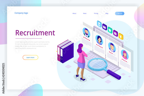 Isometric online job search and human resource, recruitment concept. We are hiring. Presentation for employment and infographics for recruiting. Template website Landing page.