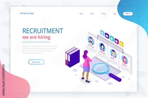 Isometric online job search and human resource, recruitment concept. We are hiring. Presentation for employment and infographics for recruiting. Template website Landing page.