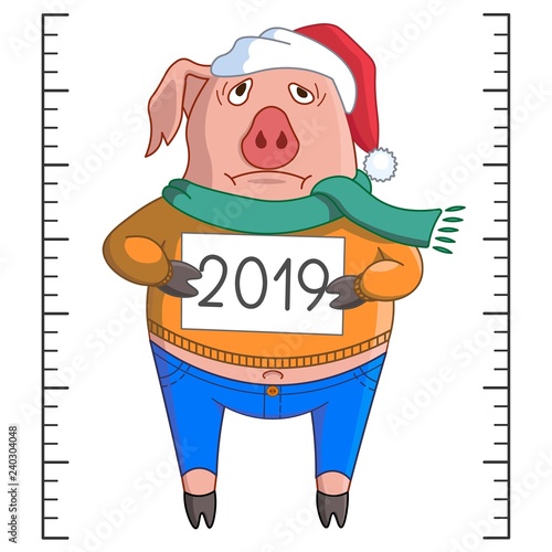 Pig with a sign 2019 in a police station