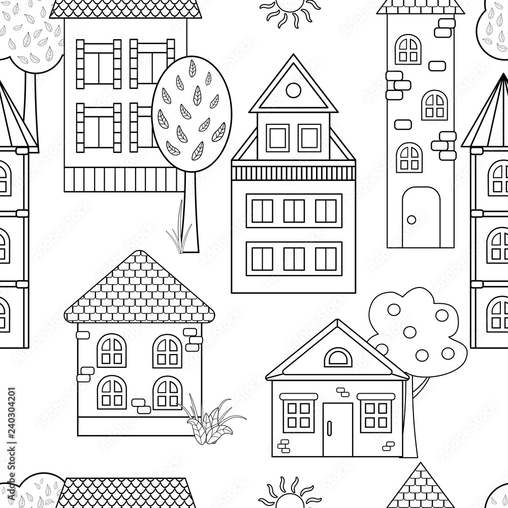 Vector seamless pattern with houses for coloring book