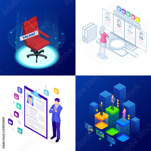 Isometric set of online job search and human resource, recruitment concept. We are hiring. Presentation for employment and infographics for recruiting.
