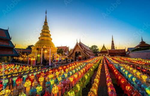 Wat Phra That Hariphunchai pagoda with light Festival at Lamphun, Thai temple of buddhism in Thailand. © somchairakin