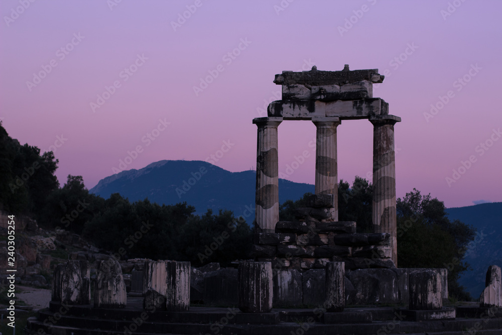 ancient Greece architecture world heritage site of soft focus colonnade in twilight evening park outdoor environment  