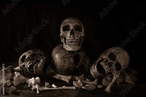 Pile of skulls and bone Halloween night dim light / Still Life image and select focus