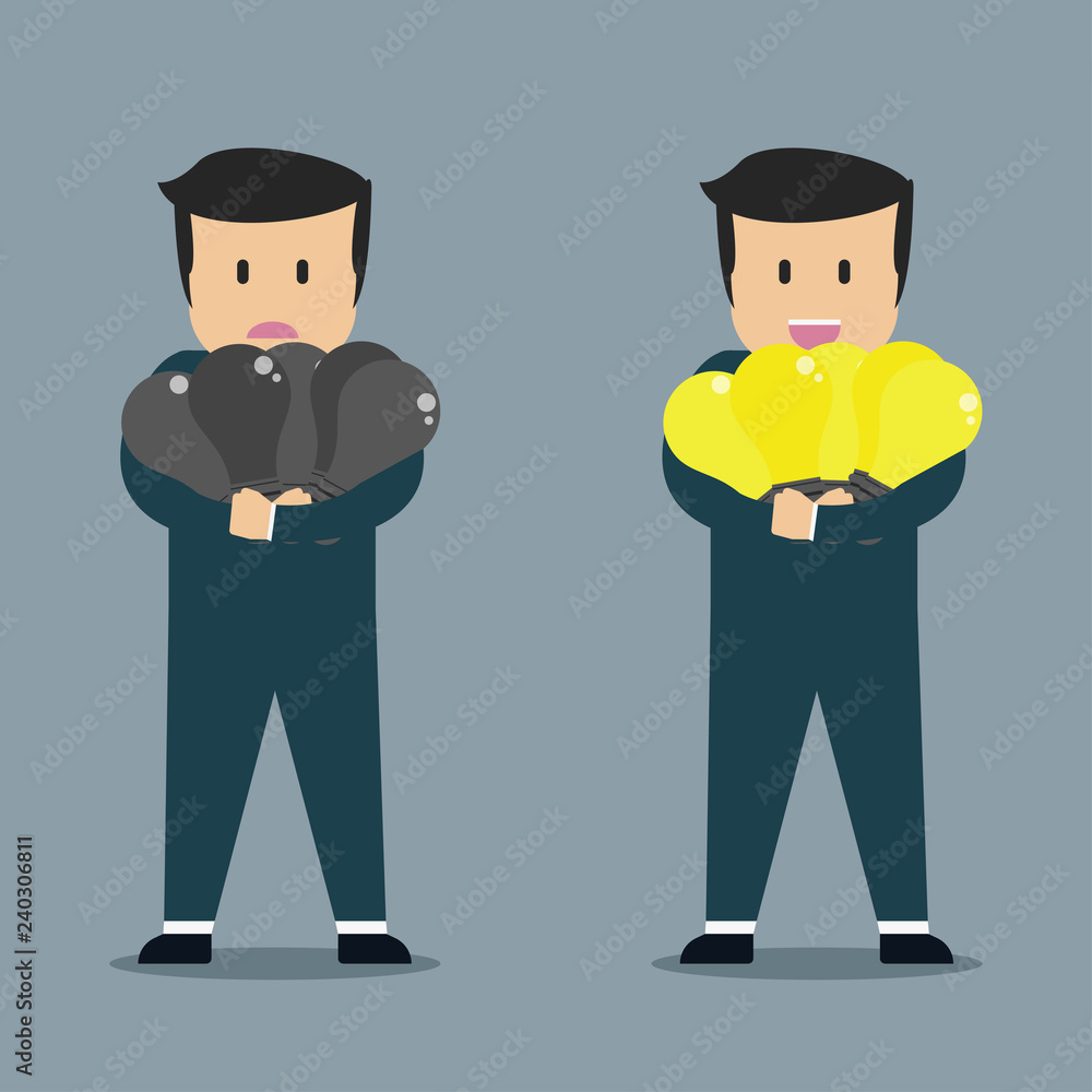 Businessman smile have many shining idea. Businessman sad have many dead idea. Businessman smile have many shining idea. Businessman sad have many dead idea.