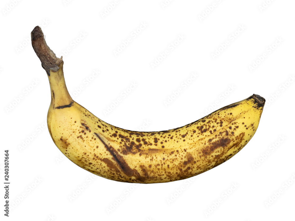 Banane vollreif, ueberreif - weißer Hintergrund - Flecken