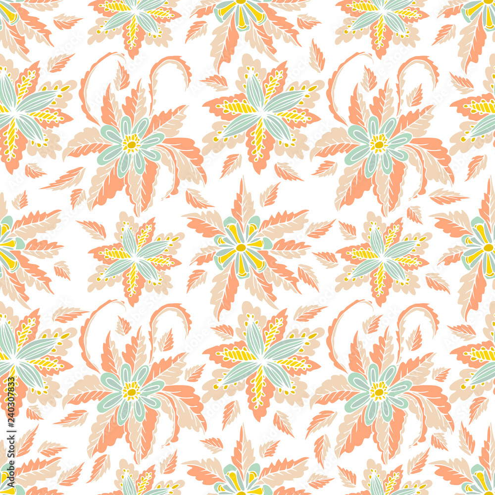 Fototapeta premium Colorful hand drawn doodle floral seamless pattern. Abstract tropical fantasy flowers, leaves, hawaiian pattern. Cartoon flora. Vector background.