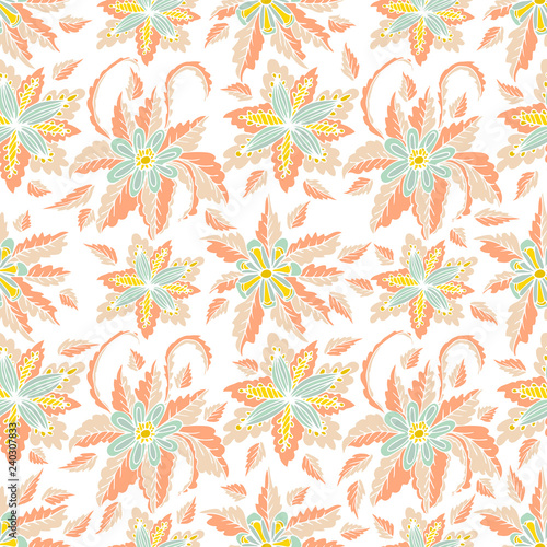 Colorful hand drawn doodle floral seamless pattern. Abstract tropical fantasy flowers, leaves, hawaiian pattern. Cartoon flora. Vector background.