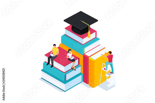 Isometric concept of e-learning, 3d book.