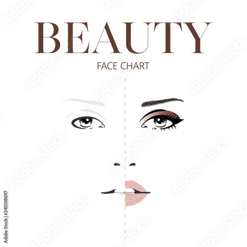 Beauty face chart. Beautiful woman with open eyes. Face chart Makeup Artist Blank Template. Vector illustration.