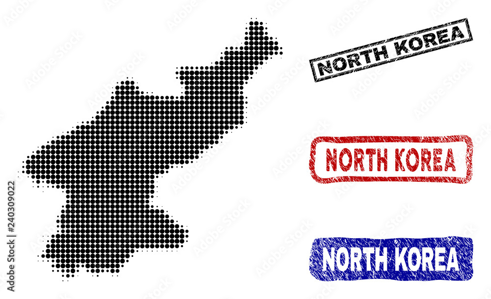 Halftone vector dot abstract North Korea map and isolated black, red, blue rubber-style stamp seals. North Korea map title inside rough rectangle frames and with corroded rubber texture.
