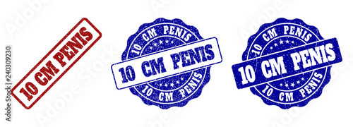 10 CM PENIS scratched stamp seals in red and blue colors. Vector 10 CM PENIS labels with scratced texture. Graphic elements are rounded rectangles, rosettes, circles and text labels.