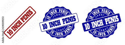 10 INCH PENIS grunge stamp seals in red and blue colors. Vector 10 INCH PENIS signs with grunge style. Graphic elements are rounded rectangles, rosettes, circles and text labels.