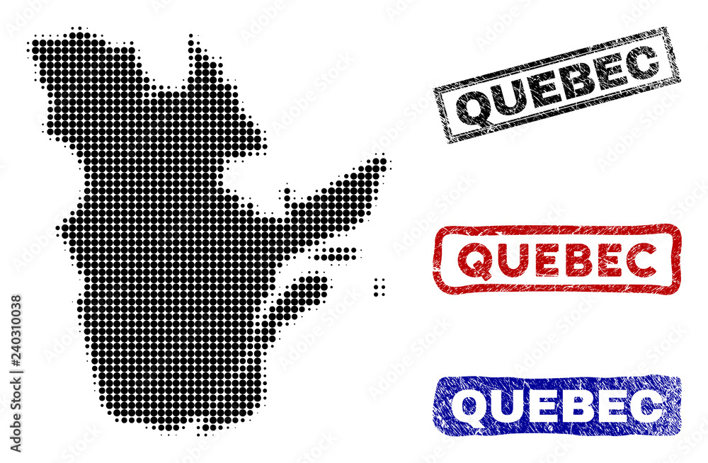 Obraz premium Halftone dot vector abstracted Quebec Province map and isolated black, red, blue damaged stamp seals. Quebec Province map caption inside rough rectangle frames and with grunge rubber texture.