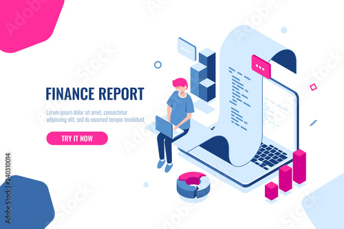 Online shopping and payment, internet shop isometric, receipt of pay, notification of purchase, man with laptop, billing system and online banking. Flat color vector