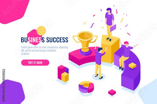 Successful business team work isometric, people achieve success, triumph, leader and leadership concept. Flat color vector