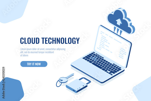 Data security isometric concept, cloud storage technology, data transfer remote server room database, laptop with lock and key, vector blue white