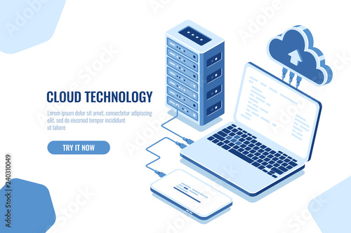 The scheme of data transmission, isometric secure connection, cloud computing, server room, datacenter and database, laptop with mobile phone, vector blue white