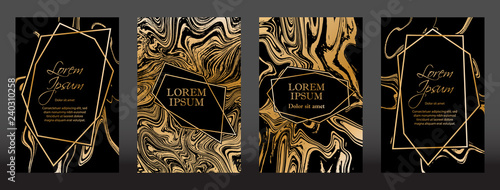 Gold marble texture and geometric frames on black backgrounds vector set. Luxury design for brochure, banner, vip invitation, cover, business card. Gold foil black marble pattern texture and frames.