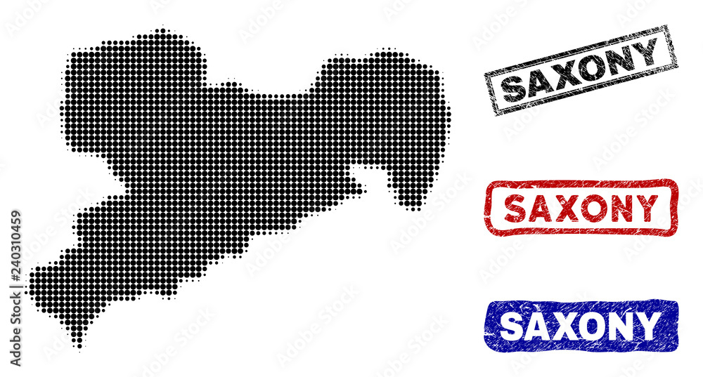 Halftone vector dot abstract Saxony State map and isolated black, red, blue rubber-style stamp seals. Saxony State map title inside rough rectangle frames and with corroded rubber texture.
