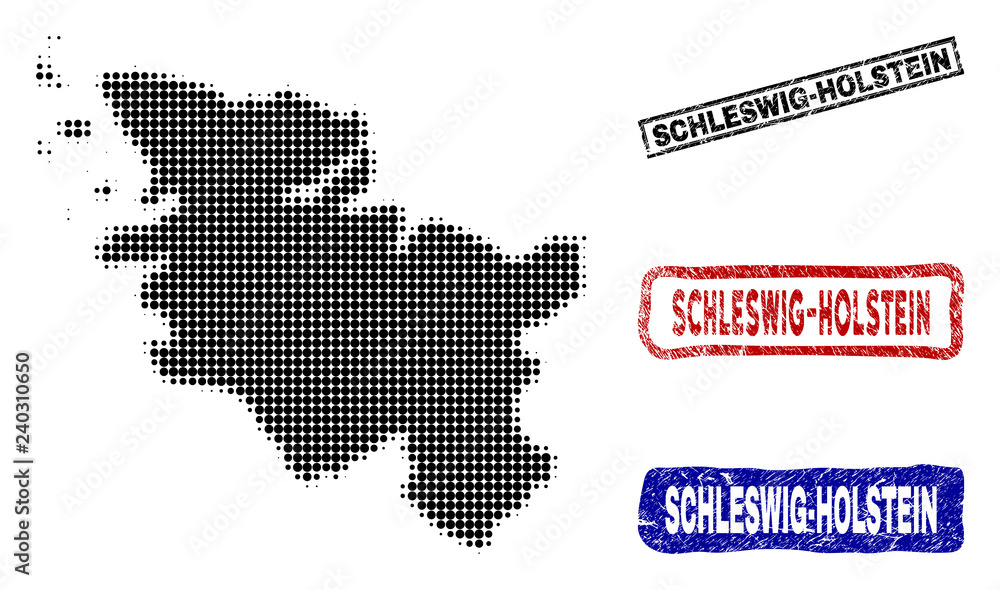 Obraz premium Halftone vector dot abstract Schleswig-Holstein State map and isolated black, red, blue rubber-style stamp seals.