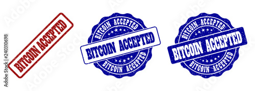 BITCOIN ACCEPTED grunge stamp seals in red and blue colors. Vector BITCOIN ACCEPTED labels with distress texture. Graphic elements are rounded rectangles, rosettes, circles and text labels.