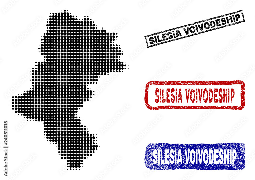 Halftone dot vector abstract Silesia Voivodeship map and isolated black, red, blue scratched stamp seals. Silesia Voivodeship map name inside rough rectangle frames and with scratched rubber texture.