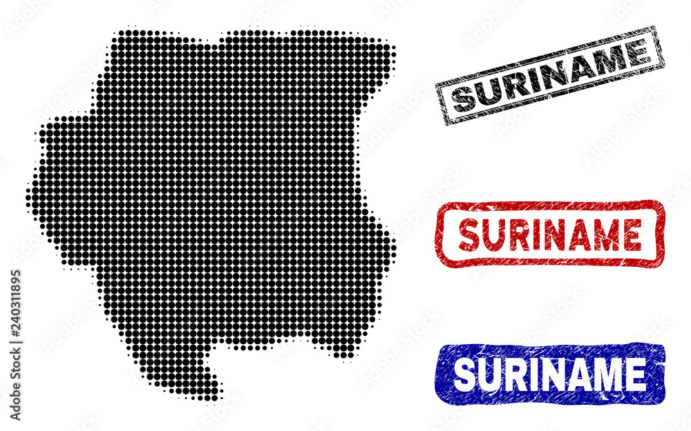 Halftone dot vector abstracted Suriname map and isolated black, red, blue grunge stamp seals. Suriname map name inside draft rectangle frames and with unclean rubber texture.