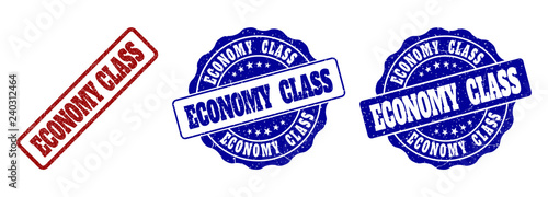 ECONOMY CLASS grunge stamp seals in red and blue colors. Vector ECONOMY CLASS labels with dirty effect. Graphic elements are rounded rectangles, rosettes, circles and text labels.