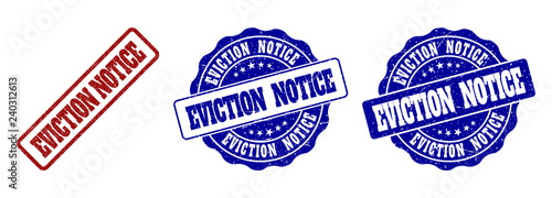 EVICTION NOTICE grunge stamp seals in red and blue colors. Vector EVICTION NOTICE labels with dirty surface. Graphic elements are rounded rectangles, rosettes, circles and text labels.