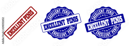 EXCELLENT PENIS grunge stamp seals in red and blue colors. Vector EXCELLENT PENIS marks with grunge texture. Graphic elements are rounded rectangles, rosettes, circles and text labels.