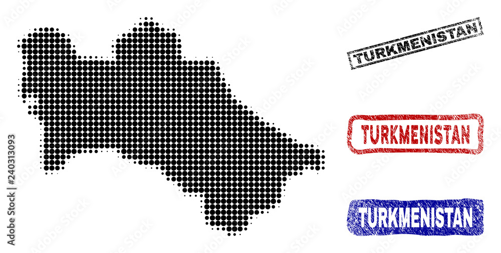 Halftone vector dot abstract Turkmenistan map and isolated black, red, blue scratched stamp seals. Turkmenistan map label inside rough rectangle frames and with scratched rubber texture.