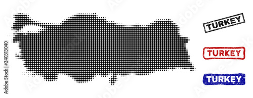 Halftone vector dot abstracted Turkey map and isolated black, red, blue rubber-style stamp seals. Turkey map caption inside draft rectangle frames and with distress rubber texture.