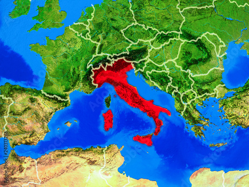 Italy from space on model of planet Earth with country borders and very detailed planet surface.