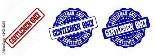 GENTLEMEN ONLY grunge stamp seals in red and blue colors. Vector GENTLEMEN ONLY marks with grunge effect. Graphic elements are rounded rectangles, rosettes, circles and text tags.