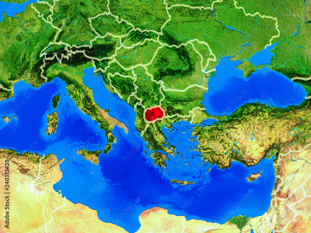 Macedonia from space on model of planet Earth with country borders and very detailed planet surface. Macedonia from space on model of planet Earth with country borders and very detailed planet surface.
