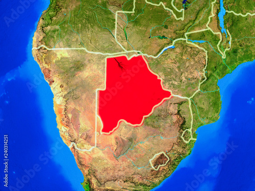 Botswana from space on model of planet Earth with country borders and very detailed planet surface.